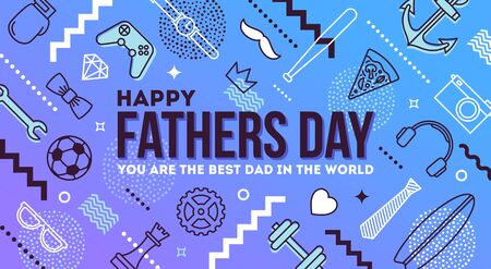 Happy fathers day greeting card. Mans things and objects pattern with fathers day greeting. Vector illustration.のイラスト素材