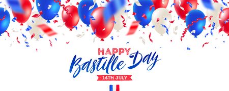 French national holiday - Bastille day. Brush calligraphy greeting, balloons and confetti in color of France flag. Vector illustration.のイラスト素材