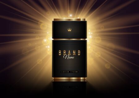 Black and gold perfume bottle template on a shinning light background. Premium design perfume. Vector illustration.のイラスト素材