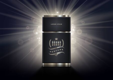 Black and silver perfume bottle template on a shinning light background. Premium design perfume. Vector illustration.のイラスト素材