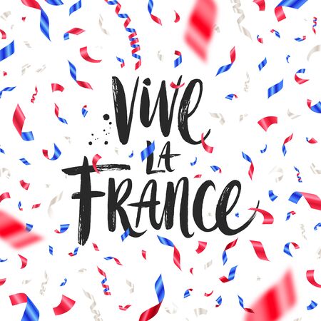 Vive la France. Bastille day hand drawn vector illustration. Brush calligraphy greeting and confetti in color of France flag.のイラスト素材