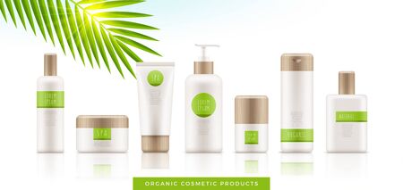 Set of white organic cosmetic packages with bamboo cap on white background. Template of plastic containers - tubes, bottles, jars for shampoo, body lotion, cream, milk, gel, perfume and soap. Vector.のイラスト素材