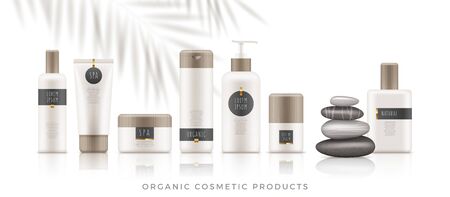 Set of white organic cosmetic packages with bamboo cap on white background. Template of plastic containers - tubes, bottles, jars for shampoo, body lotion, cream, milk, gel, perfume and soap. Vector.のイラスト素材