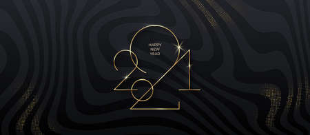 Golden 2021 New Year on black striped background with glitter gold. Holiday greeting card. Vector illustration. Holiday design for greeting card, invitation, calendar, etc.のイラスト素材