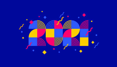 2021 new year composed from geometric shapes. Greeting design with multicolored number of year. Design for greeting card, invitation, calendar, etc.のイラスト素材