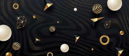 Abstract vector background. Black and golden geometric shape and elements on black abstract striped background with golden halftone. Vector illustration.のイラスト素材