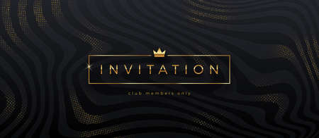 Luxury style template invitation. Golden caption in frame with crown on a abstract black striped background with golden halftone. Design for greeting, invitation, ticket or flyer. Vector illustration.のイラスト素材