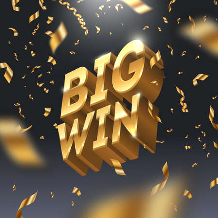 Big win golden sign and golden confetti. 3d big win in spotlight on dark background. Vector illustration.のイラスト素材