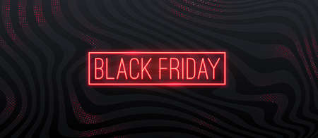 Black friday sale design. Red neon glowing signboard on a black abstract striped background. Vector illustration.のイラスト素材