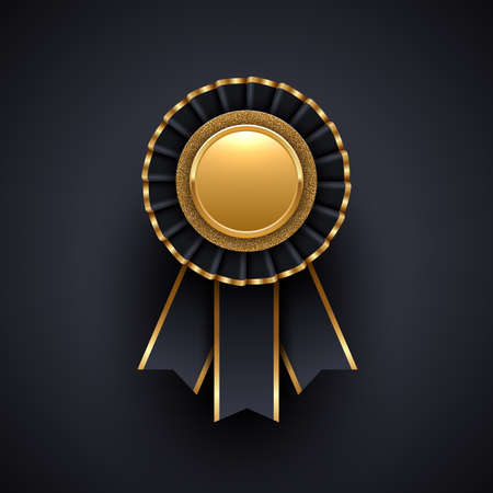 Gold and black award badge with ribbon. Vector illustration.