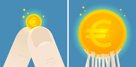 Fingers hold a euro small coin and crowd is holding a euro huge coin. Concept illustration. Flat vector design.のイラスト素材