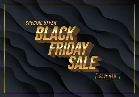Black friday sale design. Golden metallic 3d letters on a black fluid wavy layered background. Vector illustration. Design for black friday banner, poster, flyer, promo.のイラスト素材
