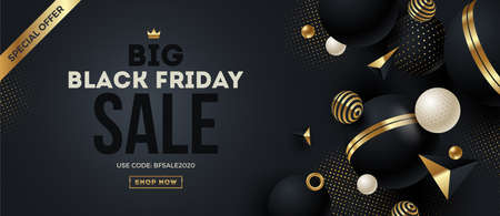 Black friday template design with black and gold geometric shape and elements. Design for black friday banner, poster, flyer, promo.のイラスト素材