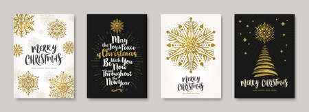 Christmas greeting card with glitter gold snowflakes, christmas tree and holiday wishes. Set of Christmas posters. Vector illustration. Design for card, cover, flyer, poster, invitation.のイラスト素材