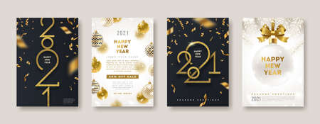 Set of greeting card with golden 2021 New Year. New year glitter gold sign, Vector illustration. Holiday design for greeting card, invitation, cover, calendar, etc.のイラスト素材