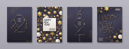Set of greeting card with golden 2021 New Year. New year golden sign, Background with Christmas decor. Vector illustration. Holiday design for greeting card, invitation, cover, calendar, etc.のイラスト素材