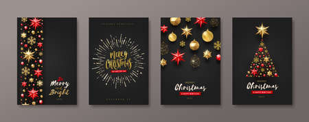 Set of Christmas and New Year greeting card. Background with Christmas tree and decor. Vector illustration. Holiday design for greeting card, invitation, cover, calendar, etc.のイラスト素材