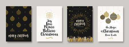 Set of Christmas and New Year greeting card. Background with Christmas decor. Vector illustration. Holiday design for greeting card, invitation, cover, calendar, etc.のイラスト素材
