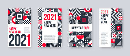 2021 new year greeting card set. Poster set with geometric shapes and pattern. Monochrome design with red elements. Design for greeting card, poster, cover, invitation, Vector illustration.のイラスト素材