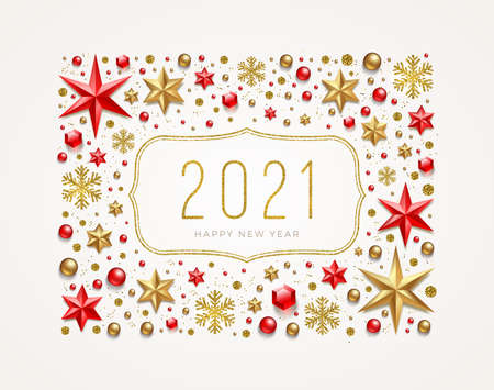 New Year 2021 greeting illustration. Frame made from stars, ruby gems, golden snowflakes, beads and glitter gold. Vector illustration.のイラスト素材