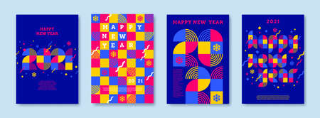 Bright color greeting card set with 2021 new year. Greeting design with multicolored number of year. Design for greeting card, invitation, cover, poster, calendar, etc.のイラスト素材