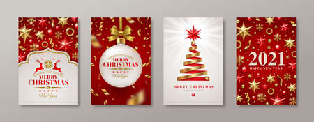 Set of Christmas and New Year greeting card. 2021 New Year poster. Background with Christmas tree and decor. Vector illustration. Holiday design for greeting card, invitation, cover, calendar, etc.のイラスト素材
