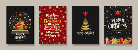 Set of Christmas and New Year greeting card. Background with Christmas tree and decor. Vector illustration. Holiday design for greeting card, invitation, cover, calendar, etc.のイラスト素材