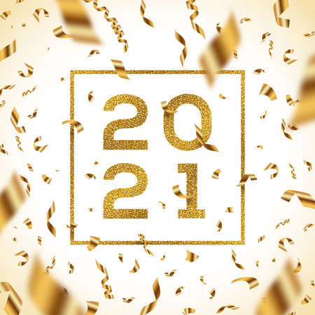 New year 2021 vector illustration. Glitter gold numbers of a year with frame and golden foil confetti.のイラスト素材