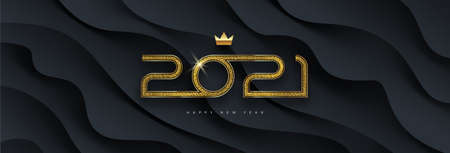 2021 new year . Greeting design with golden number of year on a abstract black layered background. Design for greeting card, invitation, calendar, etc.のイラスト素材
