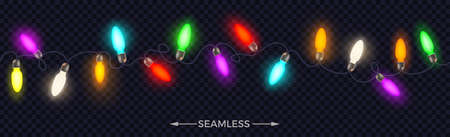 Holiday garlands with multicolored Christmas light. Horizontal seamless vector illustration.のイラスト素材