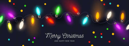 Holiday greeting card with multicolored Christmas light and confetti. Vector illustration.のイラスト素材