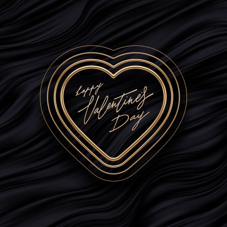 Valentines day greeting card. Realistic 3d golden metal hearts with different thicknesses on black fluid waves background. Love sign and symbol. Vector illustration.のイラスト素材