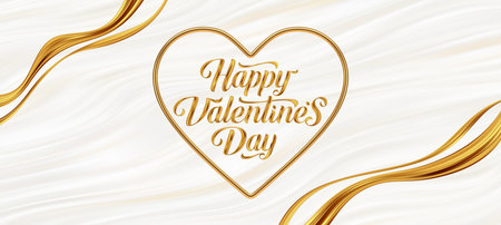 Valentines day greeting card. Golden paint lettering in heart-shaped frame on a fluid waves background. Love symbol - 3d golden realistic metal heart with greeting. Vector illustration.のイラスト素材