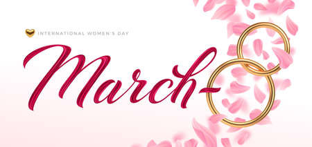 March 8 - international women's day greeting card. Golden number eight and acrylic paint calligraphy on a background with pink petals. Vector illustration.のイラスト素材