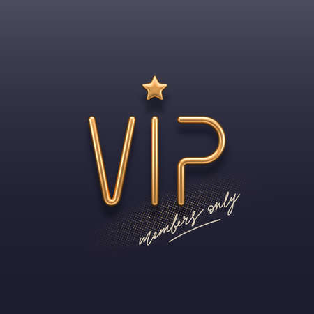 VIP invitation template with 3d golden letters. Realistic golden metal VIP sign on a dark background. Premium design. Vector illustration.のイラスト素材