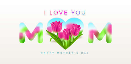 Mothers day greeting card - design with heart and tulips flowers. Vector illustration.のイラスト素材