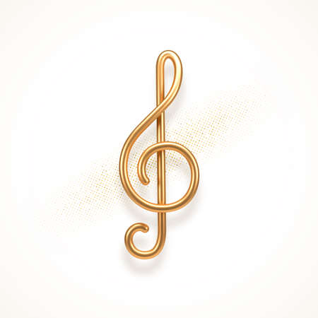 Realistic golden metal treble clef on a white background. 3d golden musical symbol - decoration elements for design. Vector illustration.のイラスト素材