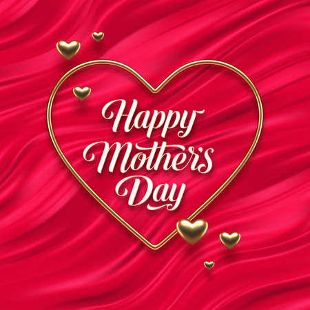 Mothers day calligraphic greeting in heart shaped golden frame on red fluid waves background. Love symbol - realistic golden metal 3d hearts. Vector illustration.のイラスト素材