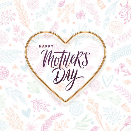 Mothers day greeting card. Realistic golden heart with calligraphy on a floral background. Vector illustration.のイラスト素材