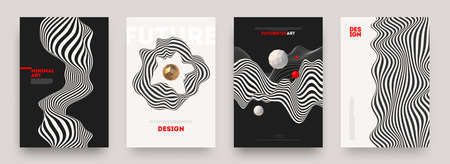 Set of abstract futuristic background. Posters with fluid wave shapes. Modern minimal design. Can be used for cover, poster, flyer, brochure, wall art. Vector illustration.のイラスト素材