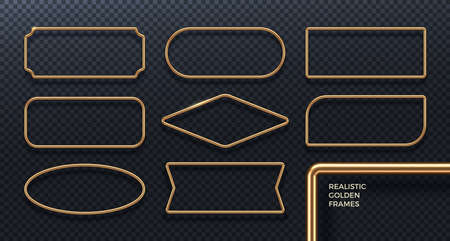 Set of realistic golden metal frames. 3d golden geometric banners - decoration elements for greeting card, cover, poster or invitation. Vector illustration.のイラスト素材