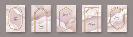 Set of abstract modern poster. Realistic golden frames and arches on fluid layered background. Elegant luxury design for poster, flyer, cover, postcard. Vector illustration.のイラスト素材