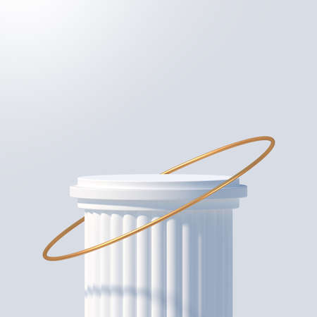 White podium like a classic column for product presentation. Podium stage with golden ring. Minimal scene with podium, Vector illustration.のイラスト素材