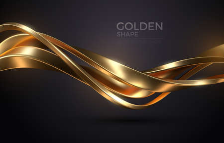 Abstract background with realistic golden metal shape. Fuid golden wave. Intertwined gold shapes. Vector 3d luxurious illustration.のイラスト素材