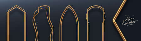 Set of realistic golden metal arches. 3d golden architectural elements. Modern decoration. Minimal decorative shapes. Vector illustration.のイラスト素材
