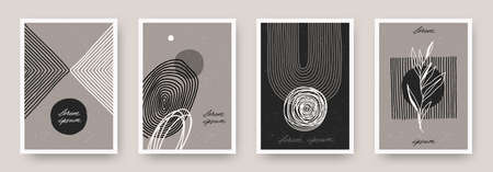 Set of wall art minimal poster. Scandinavian style hand drawn wall art decor. Design with abstract shape, lines and plant. Can be used for cover, print, poster, wall decoration. Vector illustrationのイラスト素材