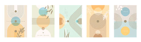 Set of abstract minimal poster with lines and geometric shapes. Can be used for poster, postcard, flyer, wall decoration. Vector illustration.のイラスト素材