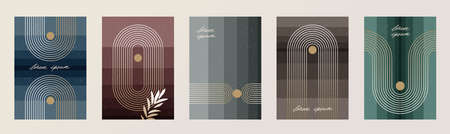 Set of abstract minimal poster with lines and geometric shapes. Can be used for poster, postcard, flyer, wall decoration. Vector illustration.のイラスト素材