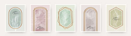 Set of abstract modern poster. Realistic golden frames and arches with watercolor and botanical hand drawn elements. Elegant luxury design for poster, flyer, cover, postcard. Vector illustration.のイラスト素材