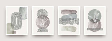 Set of wall art minimal poster. Scandinavian style hand drawn wall art decor. Design with abstract shape, lines and plant. Can be used for cover, print, poster, wall decoration. Vector illustration.のイラスト素材